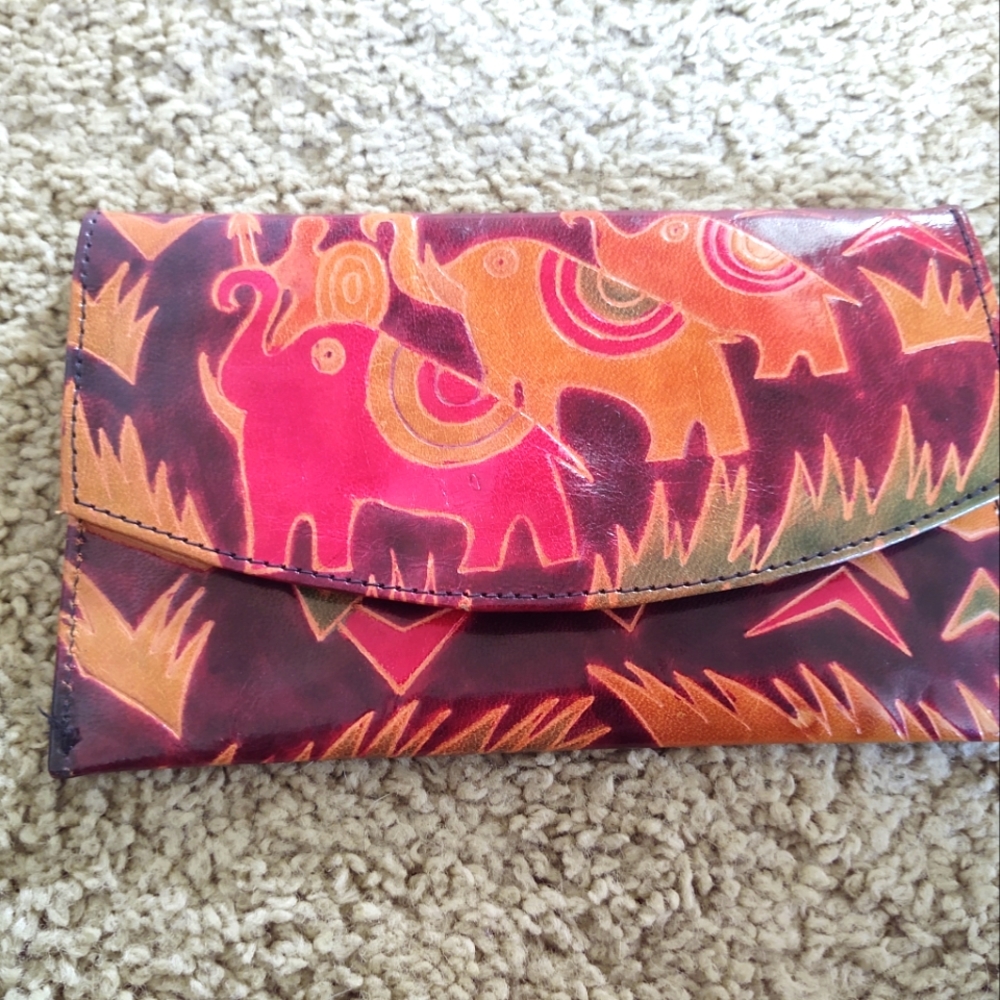 Tooled Genuine Leather Wallet Elephants Vintage 1990's